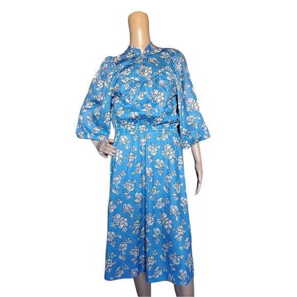 Vintage 70s Sears Bluson Wide Sleeve Blue Cherry Blossom Floral Day Dress 12 - Picture 2 of 12